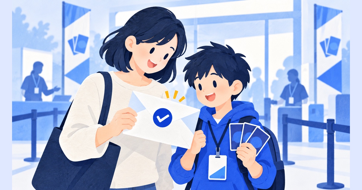 保護者と子ども、登録確認の封筒を描いた編集イラスト