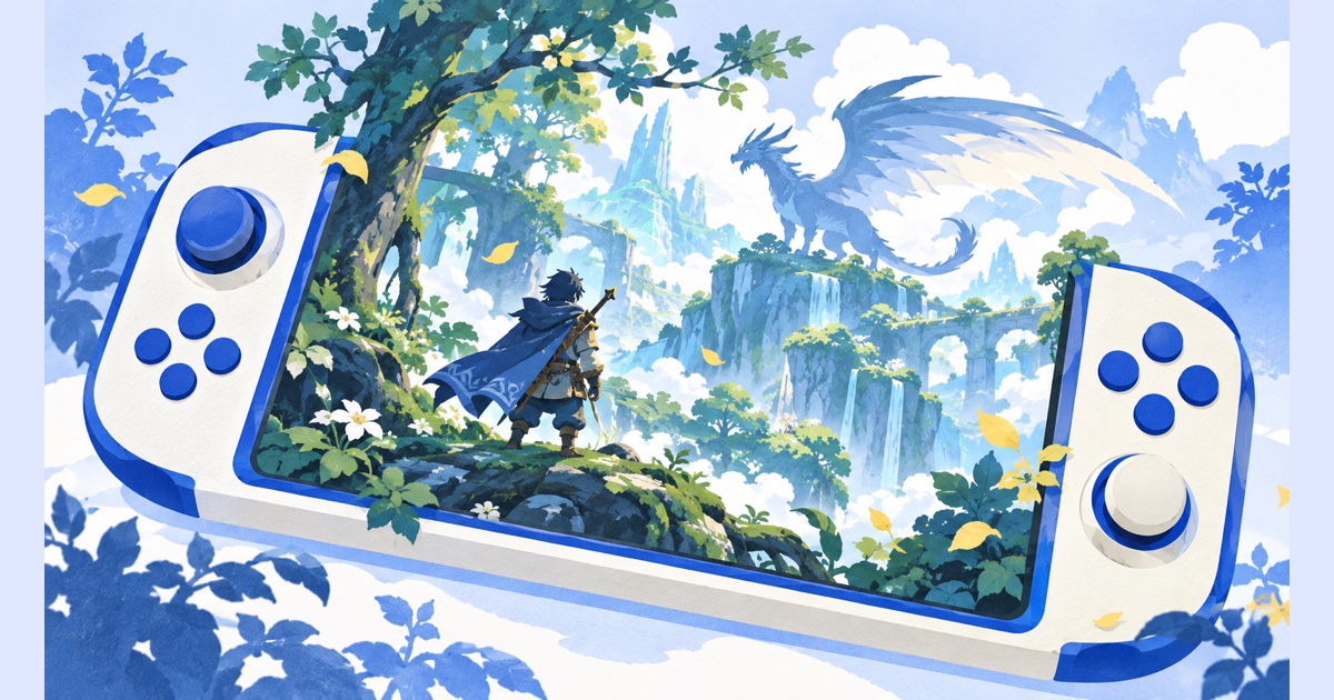 携帯ゲーム機風の枠に森、冒険者、大型生物を描いた編集イラスト
